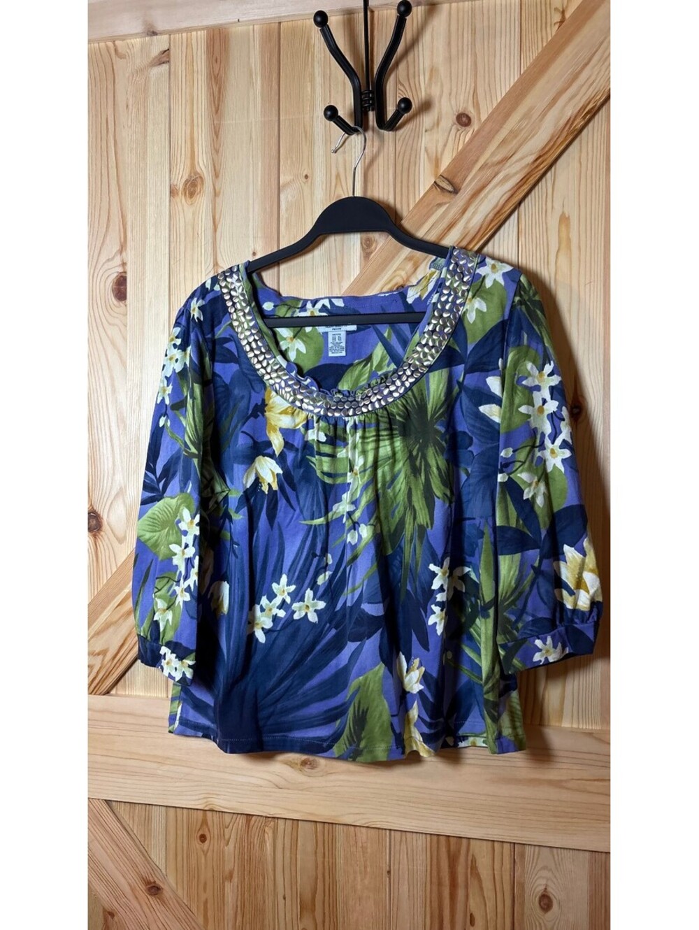 Caribbean Joe Petite XL Tropical Floral Blouse with Studded Neckline